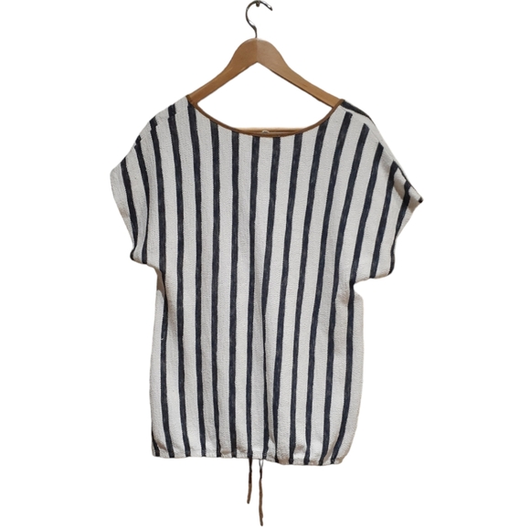 Parallel Skies Women's Size Stripe Sleeve Top Drawstring Waist in Blue / White - Picture 2 of 5